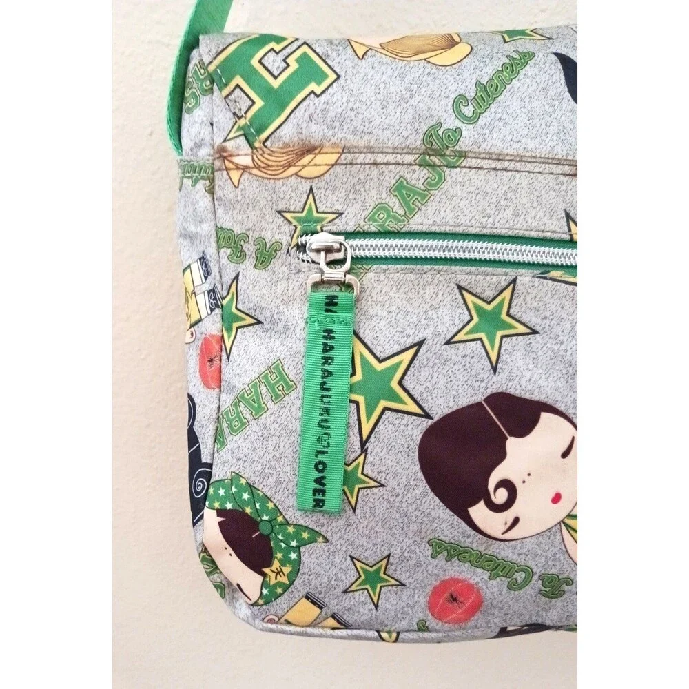 Harajuku Lovers Nylon Messenger Bag Gray / Green AOP Bag Charm 11X4X8